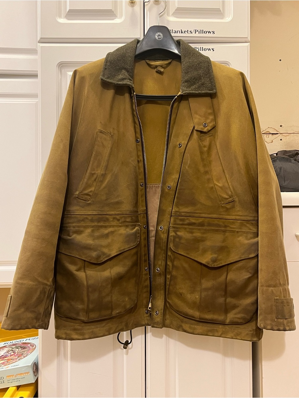 Filson Brown Waxed Canvas Field Jacket with Dark Olive Collar